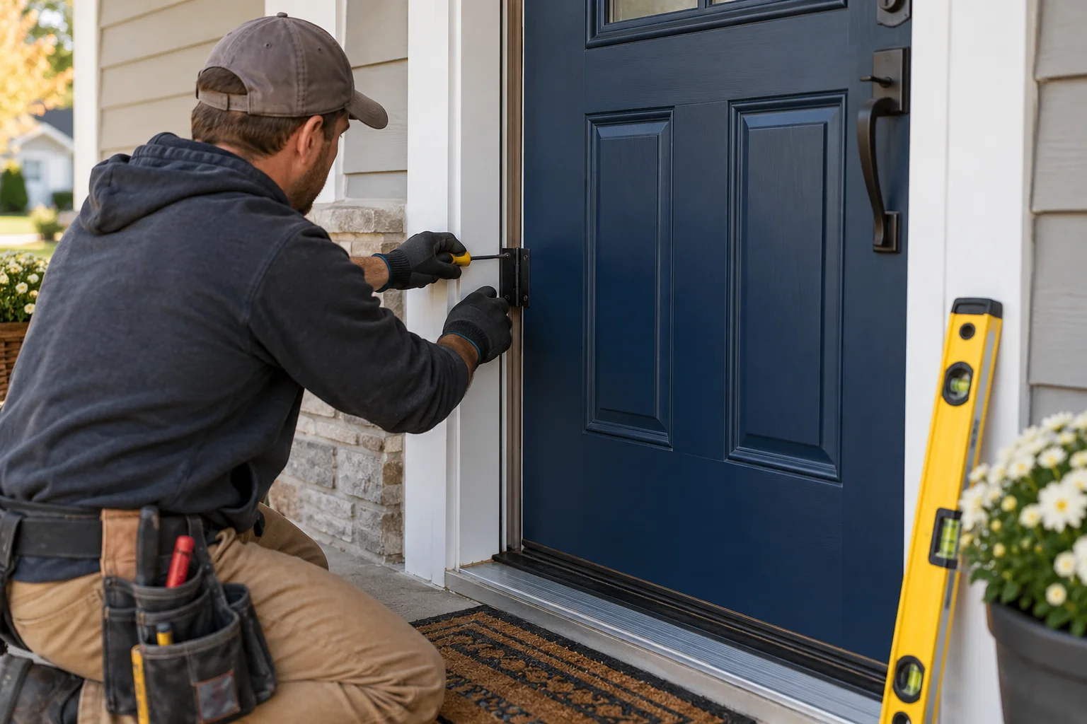 Illustration of exterior door repair & replacement being performed on a home