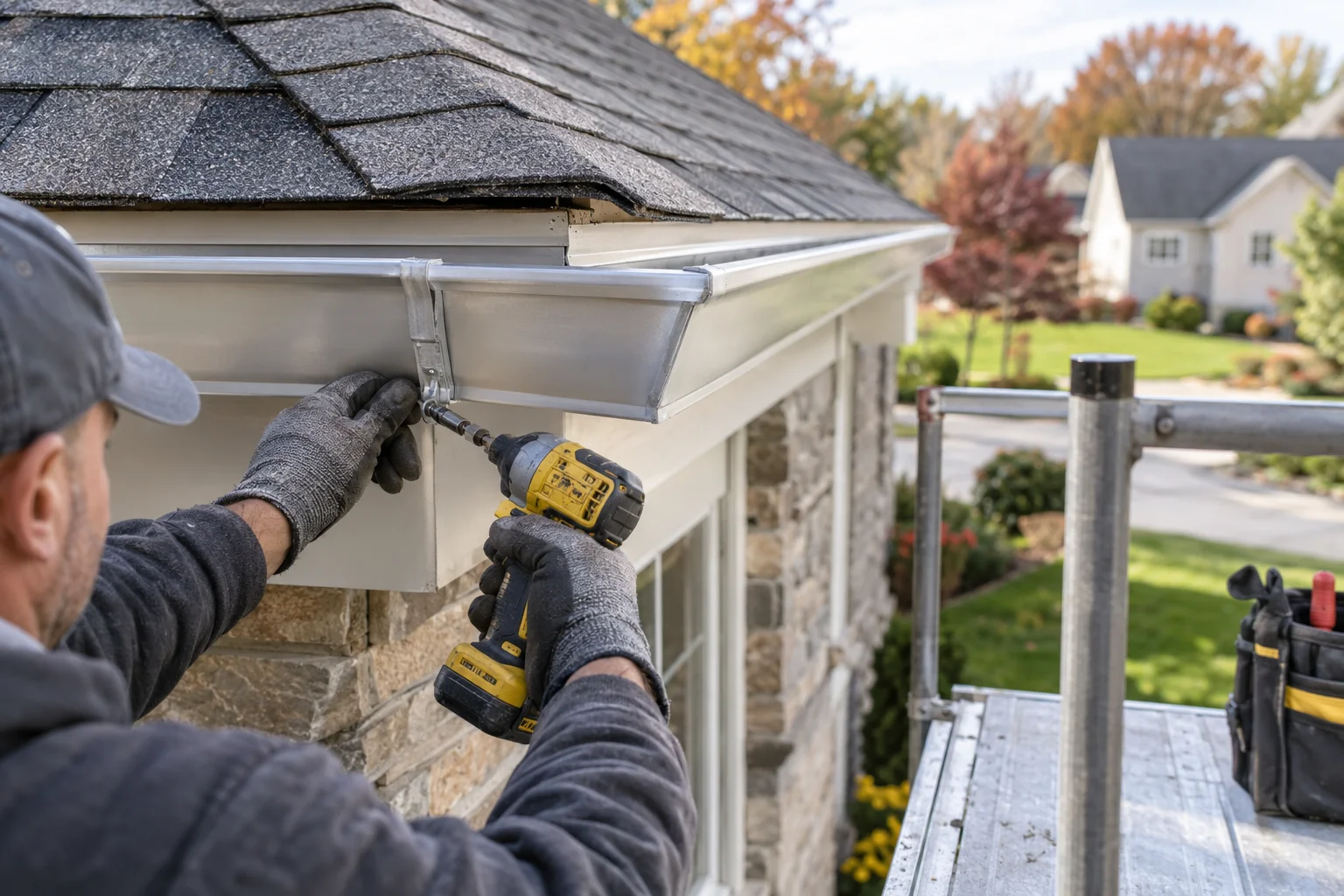 Illustration of gutter repair being performed on a home