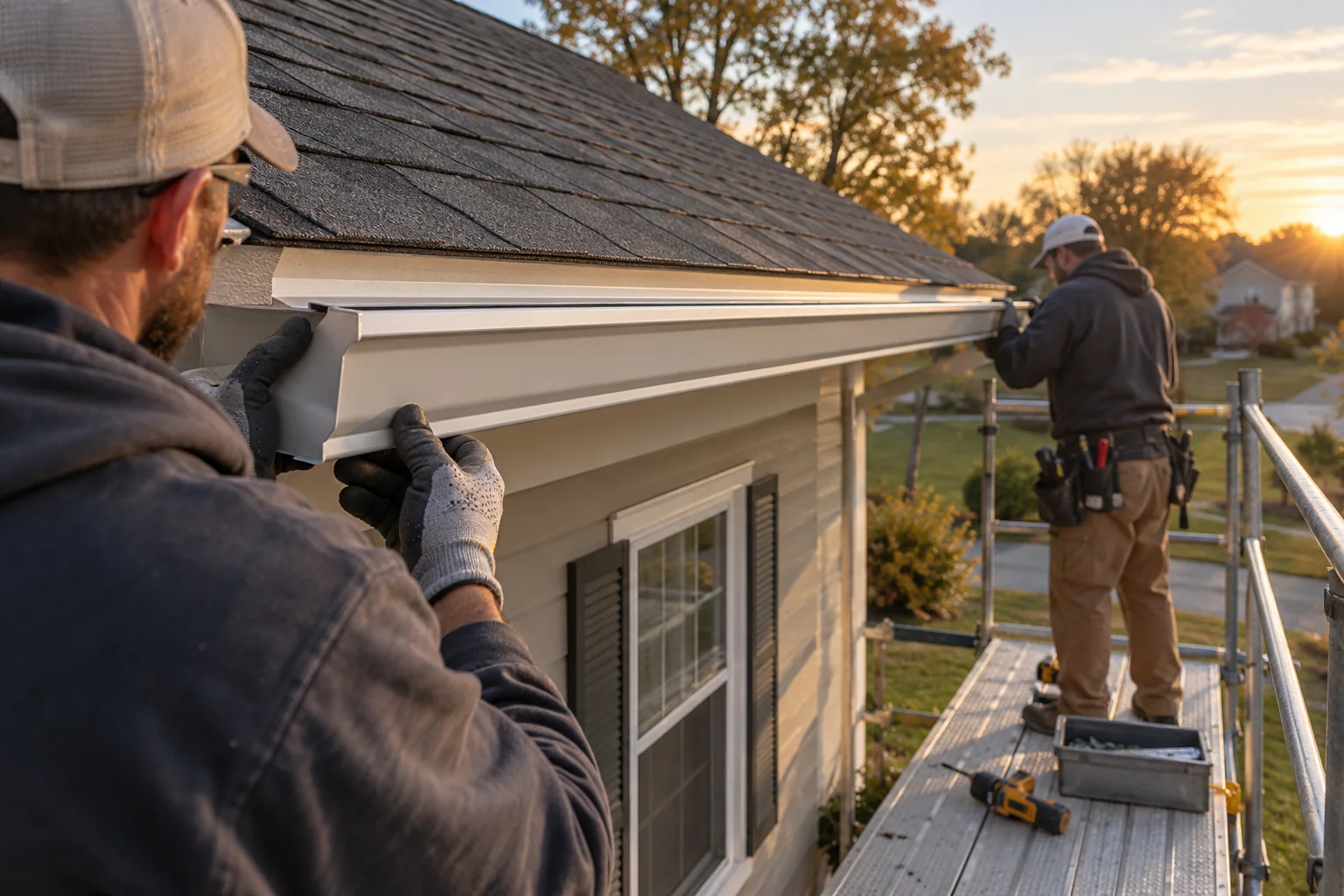 Illustration of seamless gutter installation being performed on a home