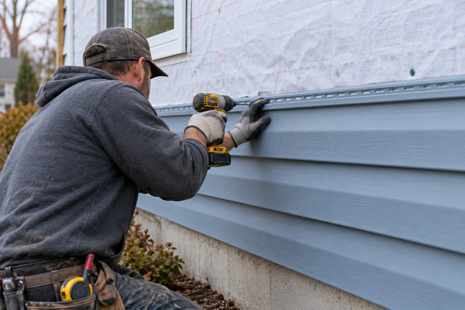 Illustration of siding repair & replacement being performed on a home