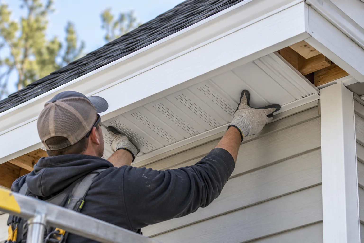 Illustration of soffit & fascia repair being performed on a home