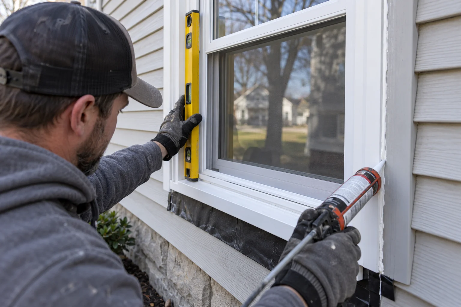 Illustration of window repair & replacement being performed on a home